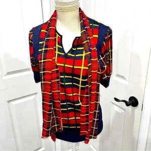 Chelsea and Theodore Scarf Sweater beautiful red plaid shirt sleeve